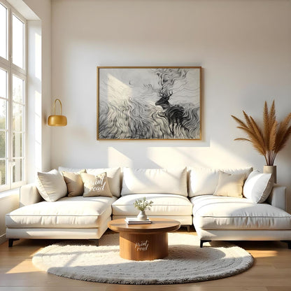 This captivating monochromatic artwork depicts a stag enveloped by a mesmerizing landscape of swirl… for living room