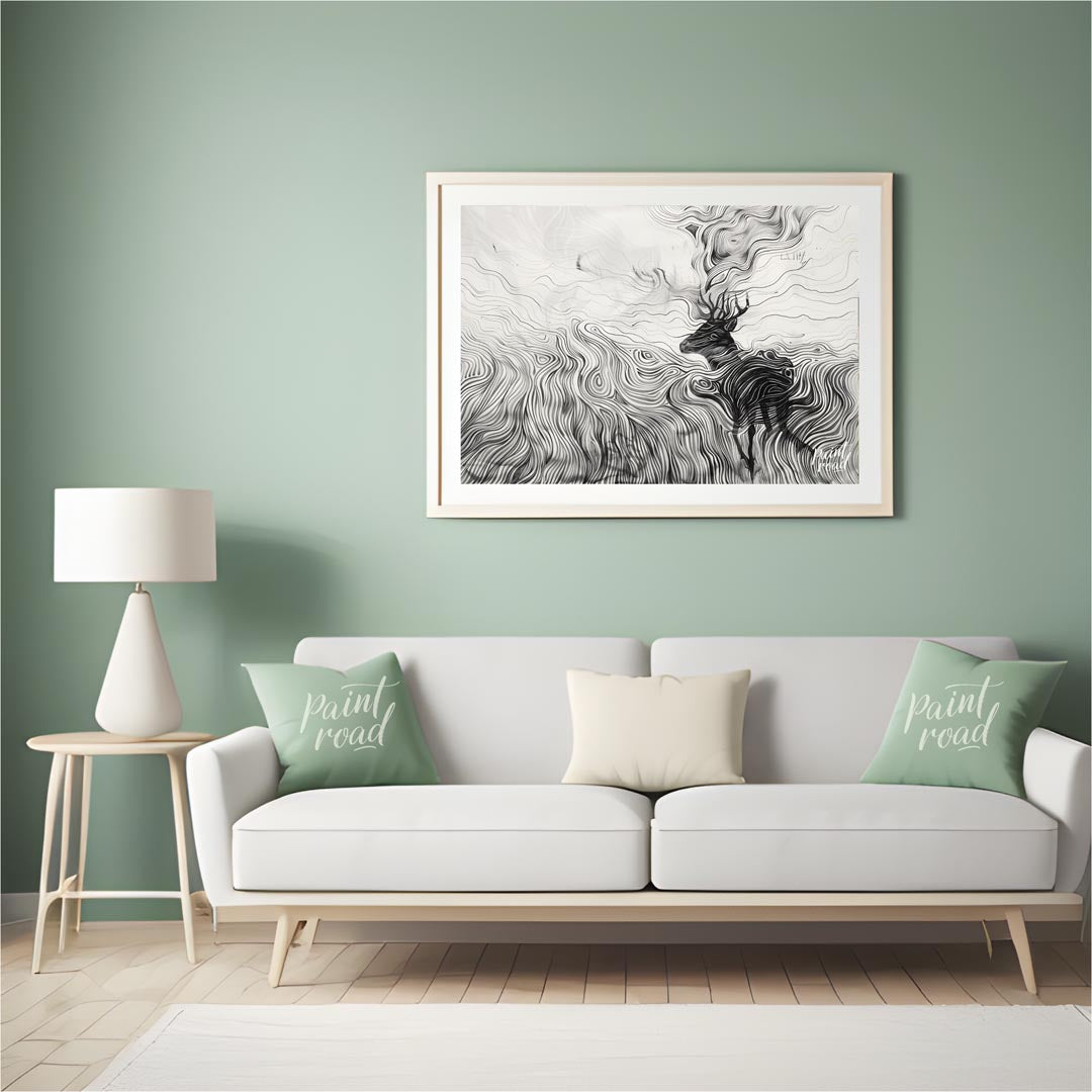 This captivating monochromatic artwork depicts a stag enveloped by a mesmerizing landscape of swirl… for living room