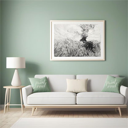 This captivating monochromatic artwork depicts a stag enveloped by a mesmerizing landscape of swirl… for living room
