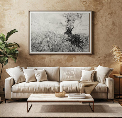 This captivating monochromatic artwork depicts a stag enveloped by a mesmerizing landscape of swirl… for living room