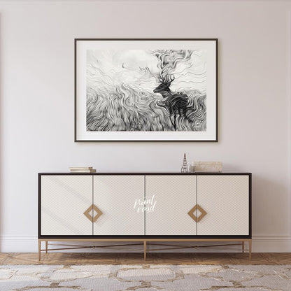 This captivating monochromatic artwork depicts a stag enveloped by a mesmerizing landscape of swirl… for living room
