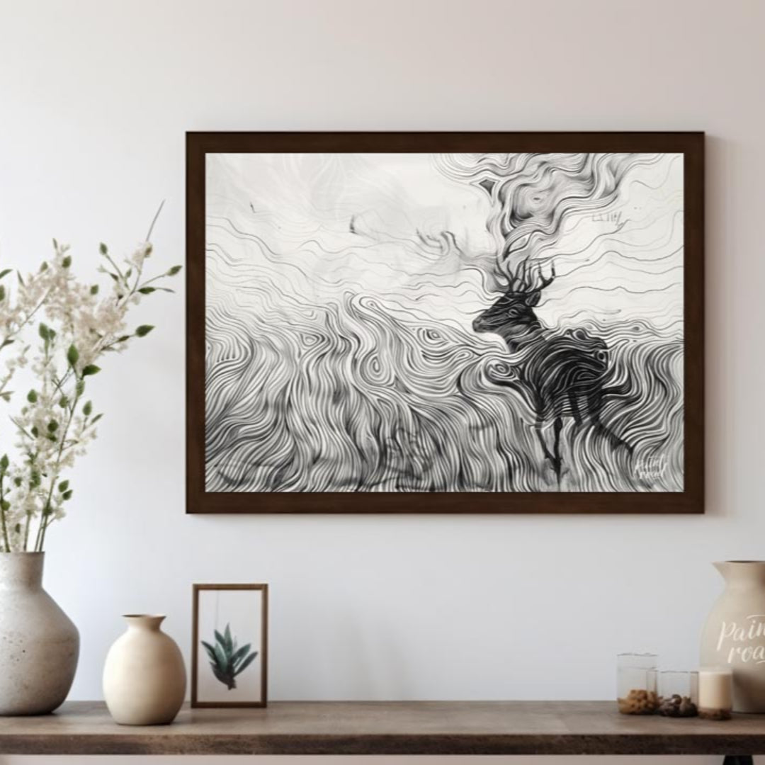 This captivating monochromatic artwork depicts a stag enveloped by a mesmerizing landscape of swirl… for living room