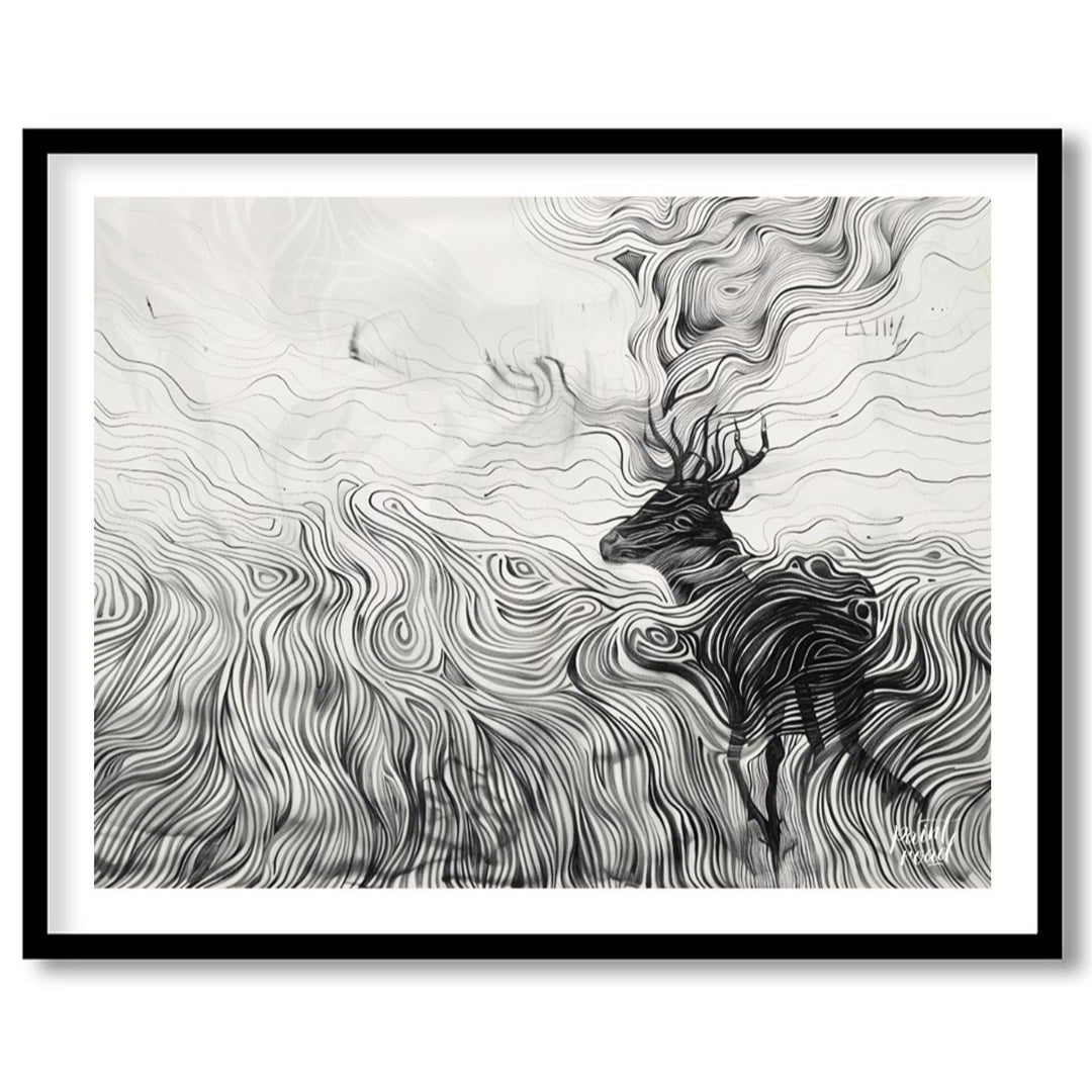 This captivating monochromatic artwork depicts a stag enveloped by a mesmerizing landscape of swirl… for loft
