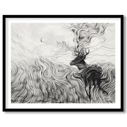 This captivating monochromatic artwork depicts a stag enveloped by a mesmerizing landscape of swirl… for loft