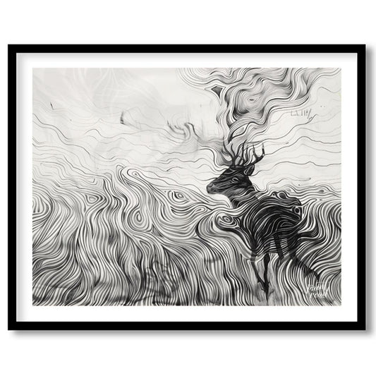 This captivating monochromatic artwork depicts a stag enveloped by a mesmerizing landscape of swirl… for loft