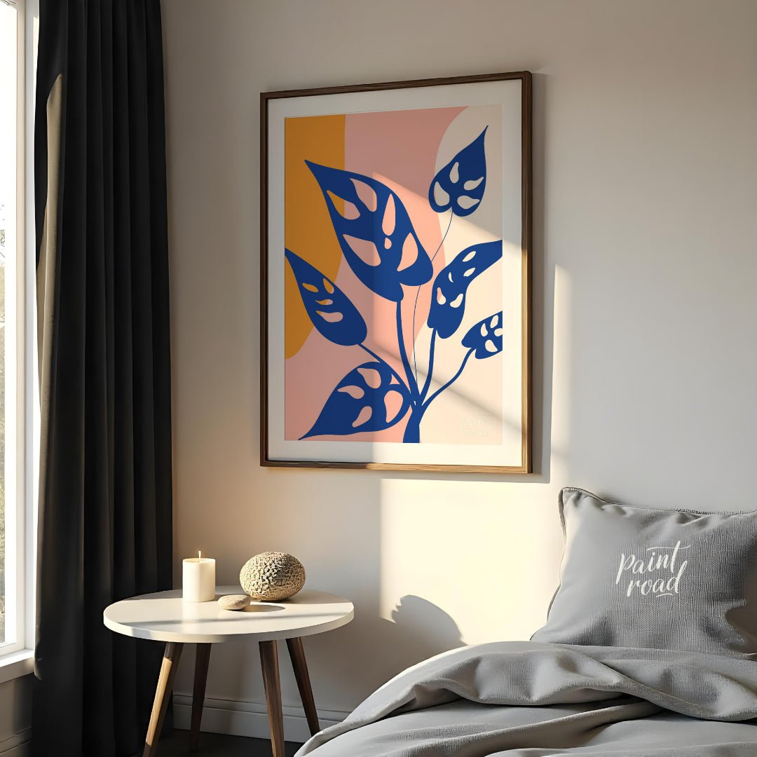 This modern digital illustration features stylized leaves of a Monstera adansonii, commonly known a… for bedroom
