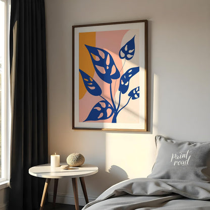 This modern digital illustration features stylized leaves of a Monstera adansonii, commonly known a… for bedroom