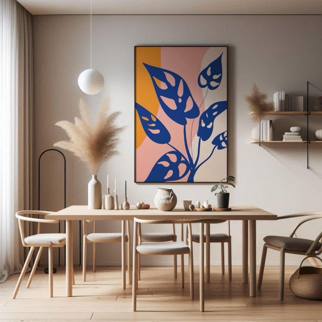 This modern digital illustration features stylized leaves of a Monstera adansonii, commonly known a… for dining room