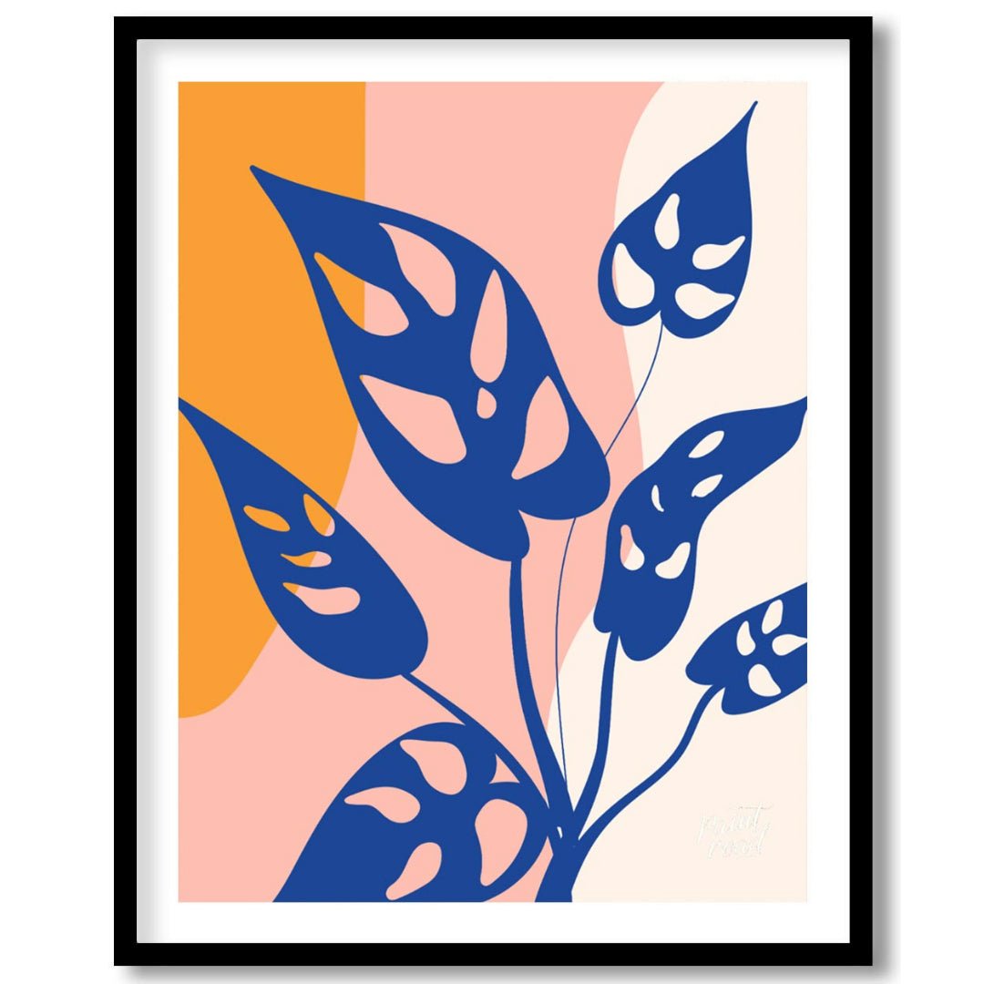 This modern digital illustration features stylized leaves of a Monstera adansonii, commonly known a… for home