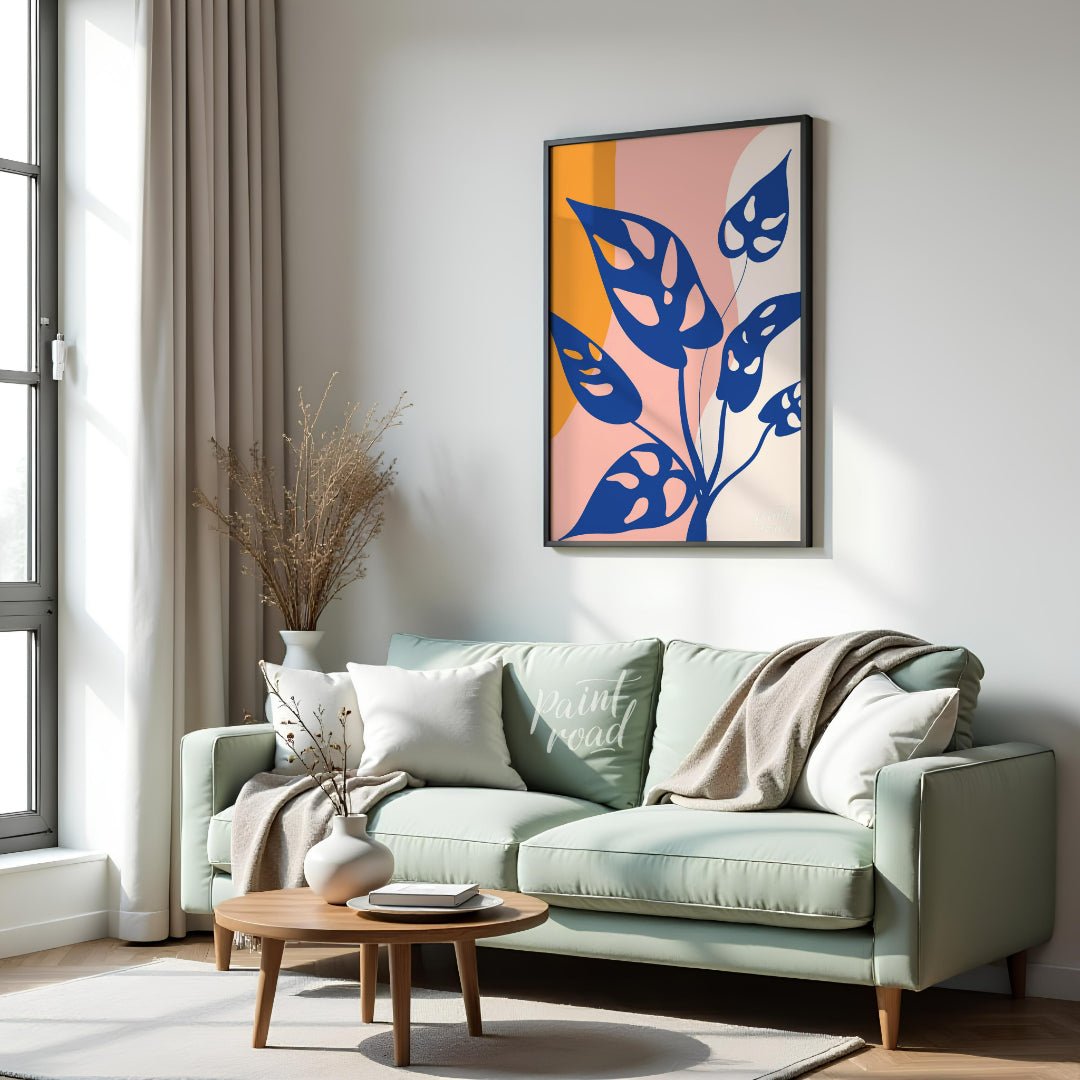 This modern digital illustration features stylized leaves of a Monstera adansonii, commonly known a… for living room
