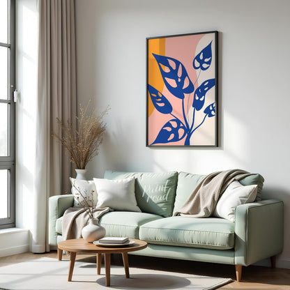 This modern digital illustration features stylized leaves of a Monstera adansonii, commonly known a… for living room