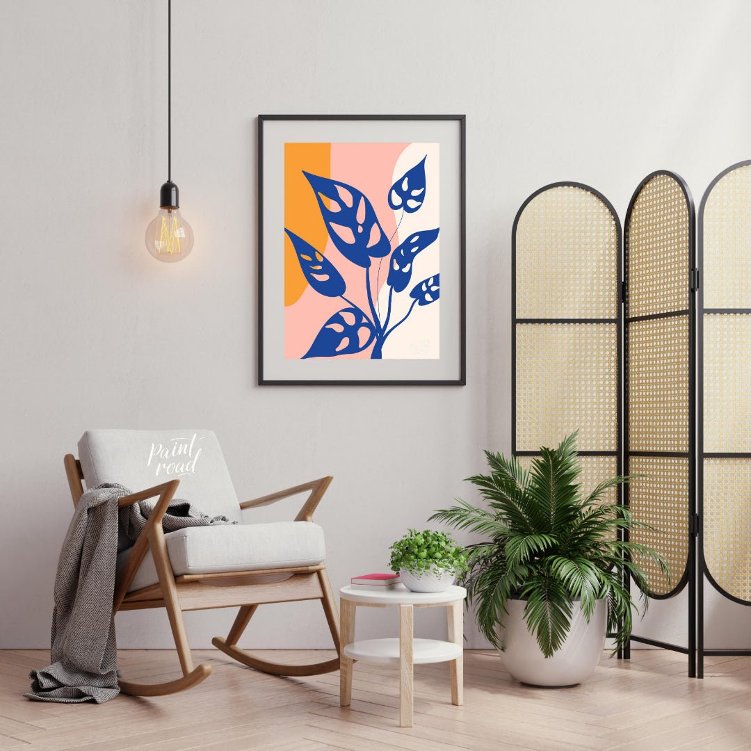 This modern digital illustration features stylized leaves of a Monstera adansonii, commonly known a… for living room