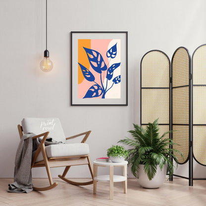 This modern digital illustration features stylized leaves of a Monstera adansonii, commonly known a… for living room