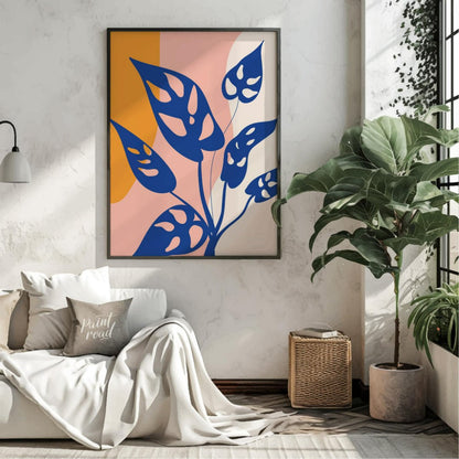This modern digital illustration features stylized leaves of a Monstera adansonii, commonly known a… for living room