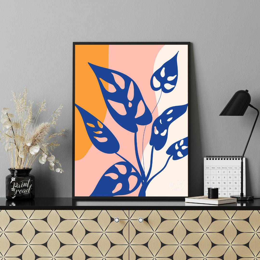 This modern digital illustration features stylized leaves of a Monstera adansonii, commonly known a… for office
