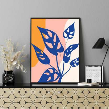 This modern digital illustration features stylized leaves of a Monstera adansonii, commonly known a… for office