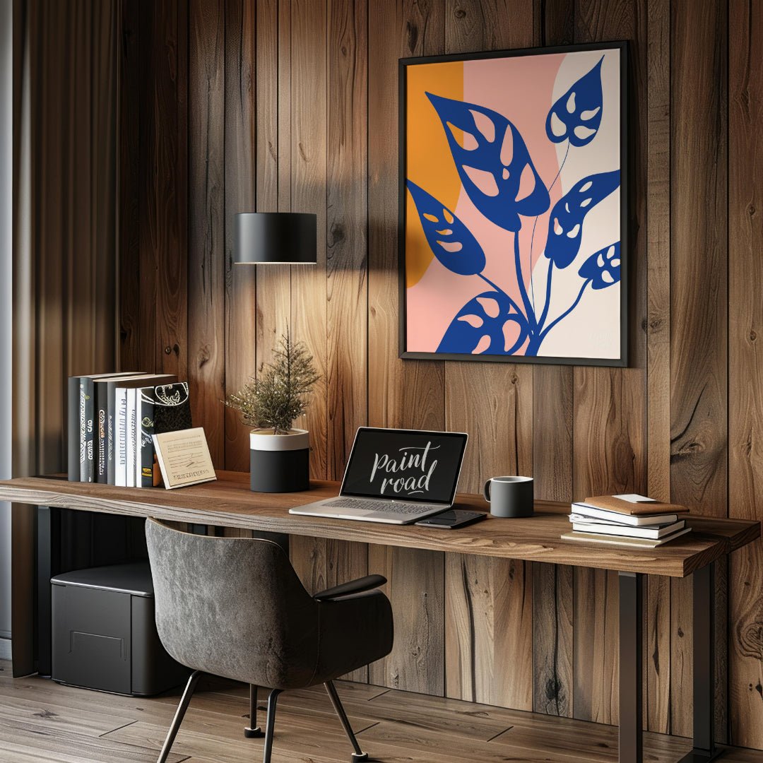 This modern digital illustration features stylized leaves of a Monstera adansonii, commonly known a… for office