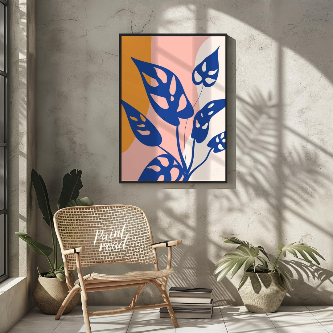 This modern digital illustration features stylized leaves of a Monstera adansonii, commonly known a… for other