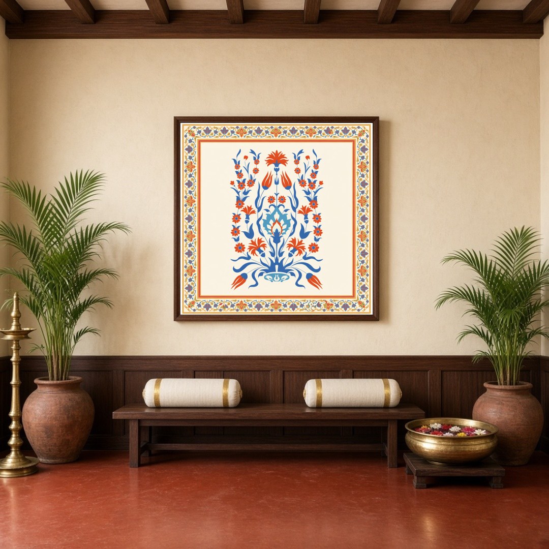 Dive into the elegance of Indo-Mughal tradition with this exquisite floral artwork. The intricate for Hallway