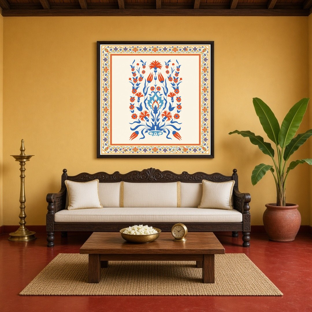 Dive into the elegance of Indo-Mughal tradition with this exquisite floral artwork. The intricate for Living Room