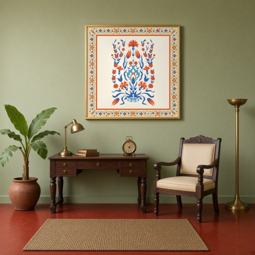 Dive into the elegance of Indo-Mughal tradition with this exquisite floral artwork. The intricate for Study