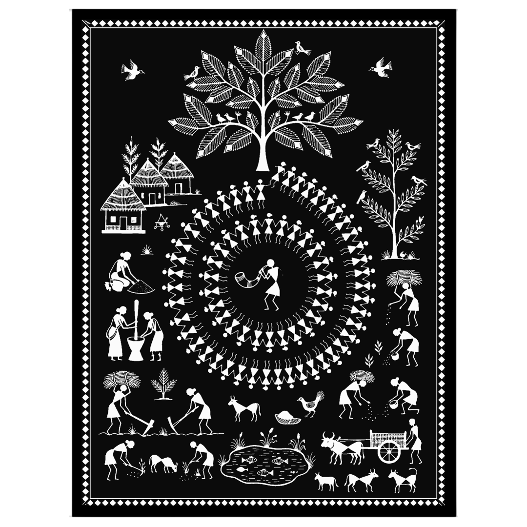 This enchanting Warli art print captures the essence of rural village life intertwined with festive for bedroom