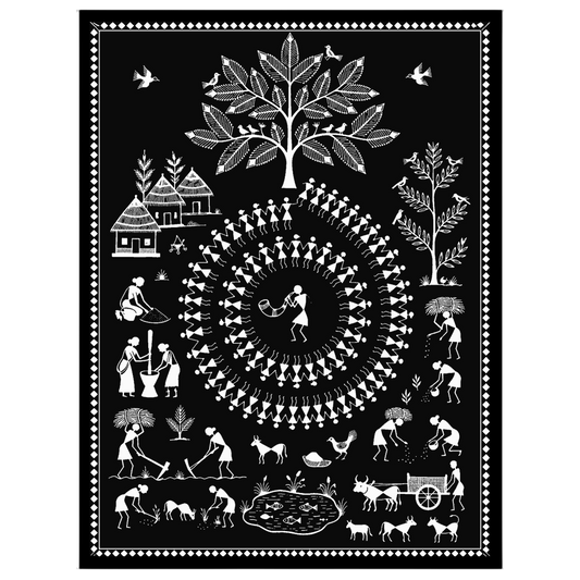 This enchanting Warli art print captures the essence of rural village life intertwined with festive for bedroom