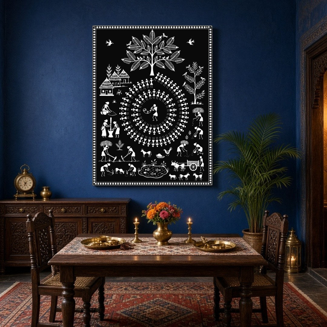This enchanting Warli art print captures the essence of rural village life intertwined with festive for Dining