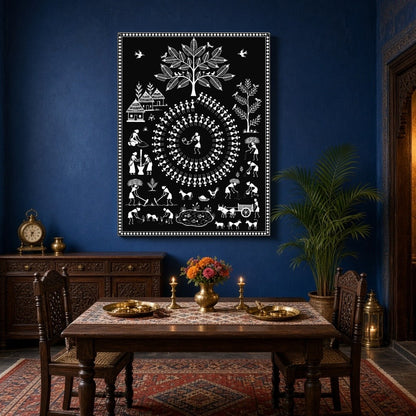 This enchanting Warli art print captures the essence of rural village life intertwined with festive for Dining