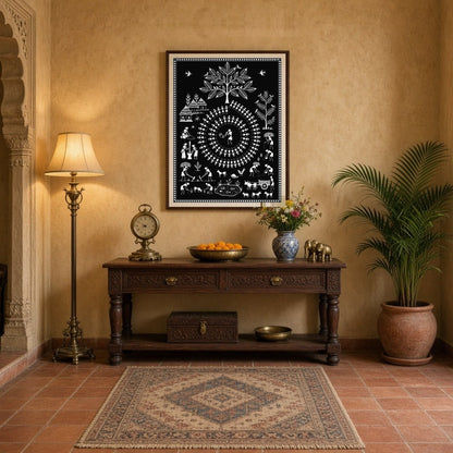 This enchanting Warli art print captures the essence of rural village life intertwined with festive for Entrance