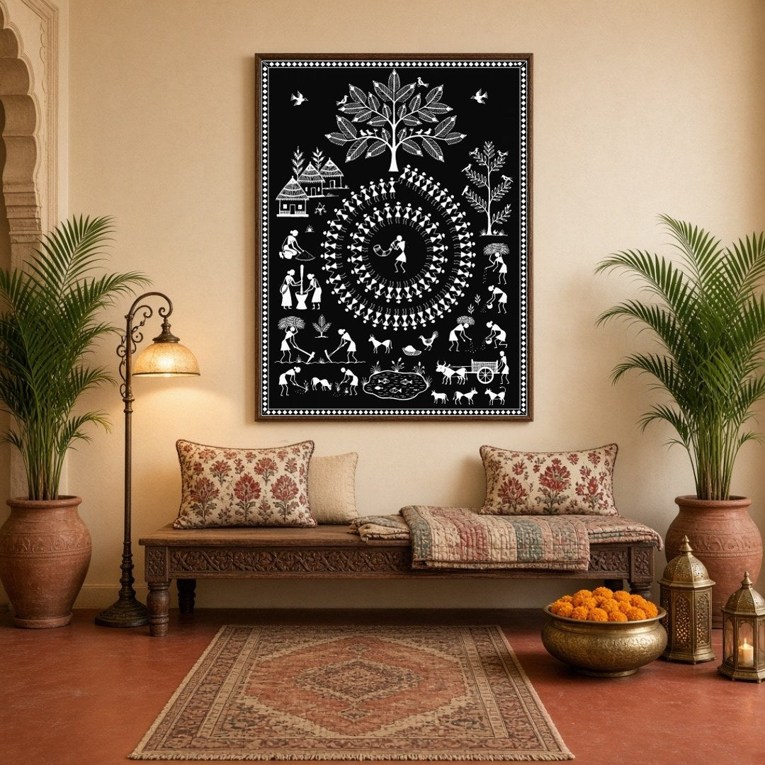 This enchanting Warli art print captures the essence of rural village life intertwined with festive for Hallway