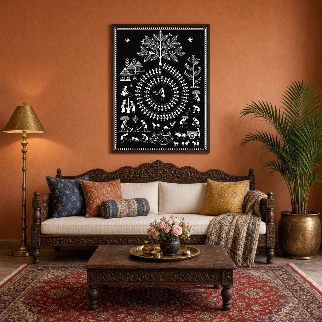 This enchanting Warli art print captures the essence of rural village life intertwined with festive for Living Room