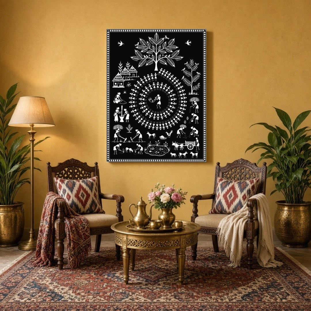 This enchanting Warli art print captures the essence of rural village life intertwined with festive for Sitting Area