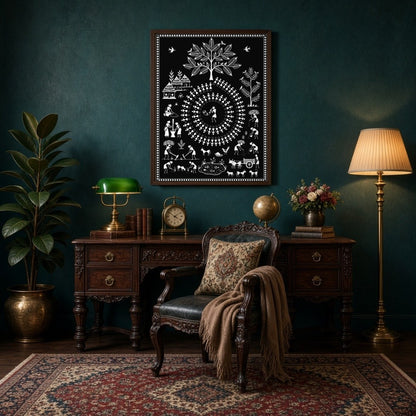 This enchanting Warli art print captures the essence of rural village life intertwined with festive for Study
