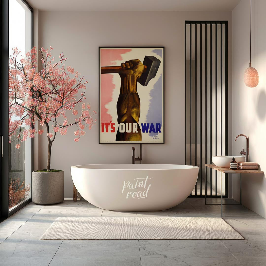 This enigmatic poster features the fragmented text "T5 OURWAR Atenatic," with disjointed lettering … for bathroom
