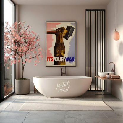This enigmatic poster features the fragmented text "T5 OURWAR Atenatic," with disjointed lettering … for bathroom