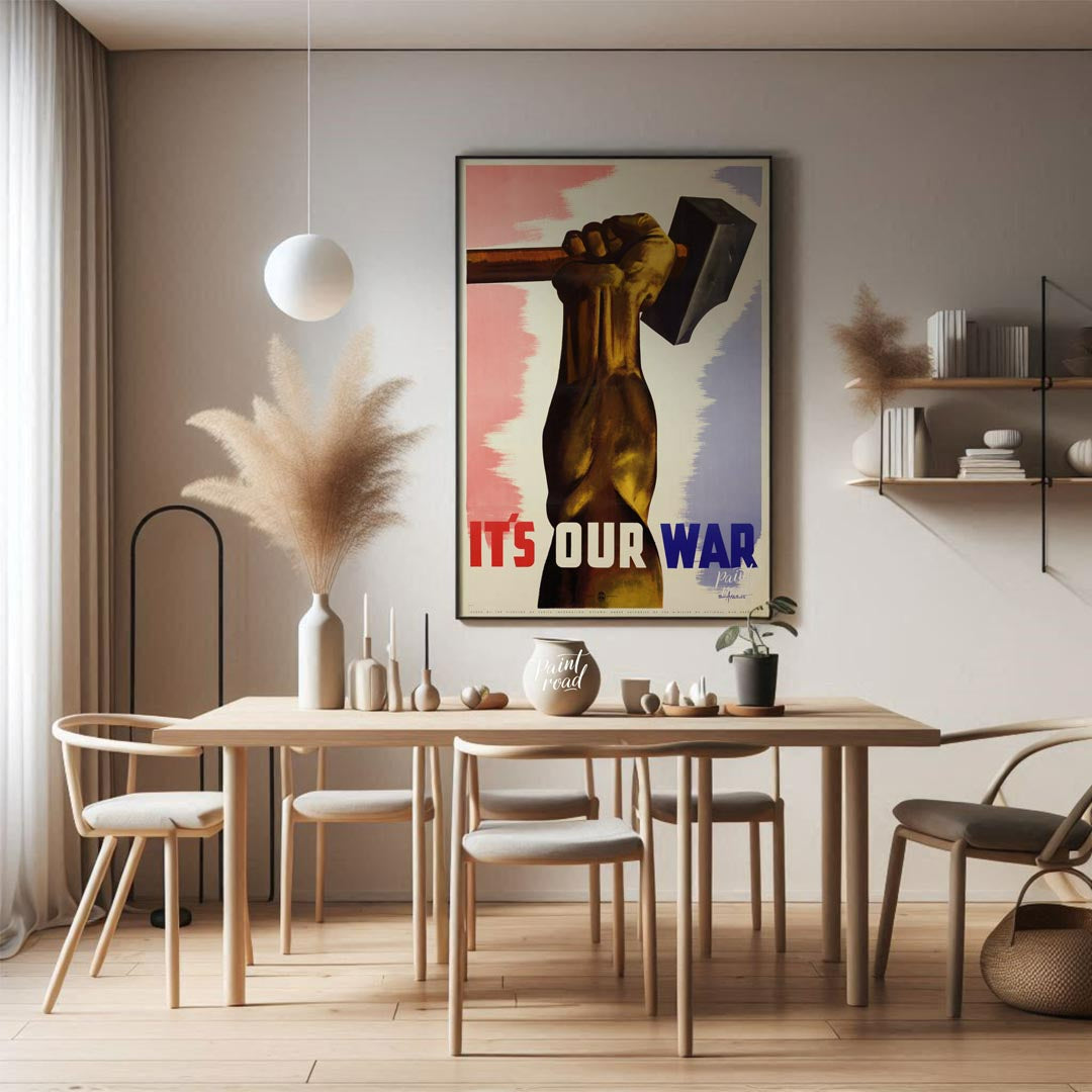 This enigmatic poster features the fragmented text "T5 OURWAR Atenatic," with disjointed lettering … for dining room