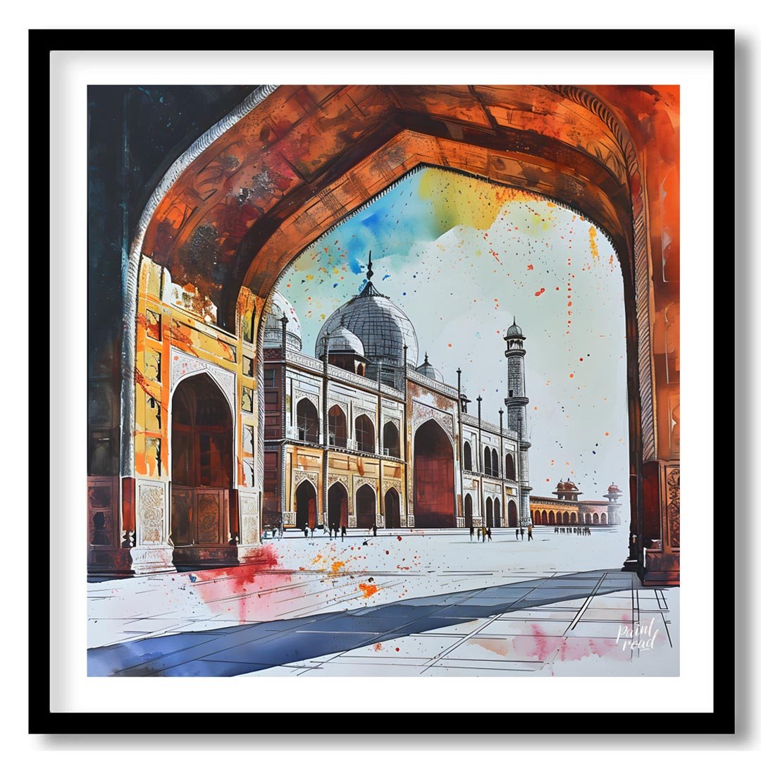 "Taj Mahal: Eternal Arch" captures the iconic mausoleum through a grand archway, framing its majest… for home