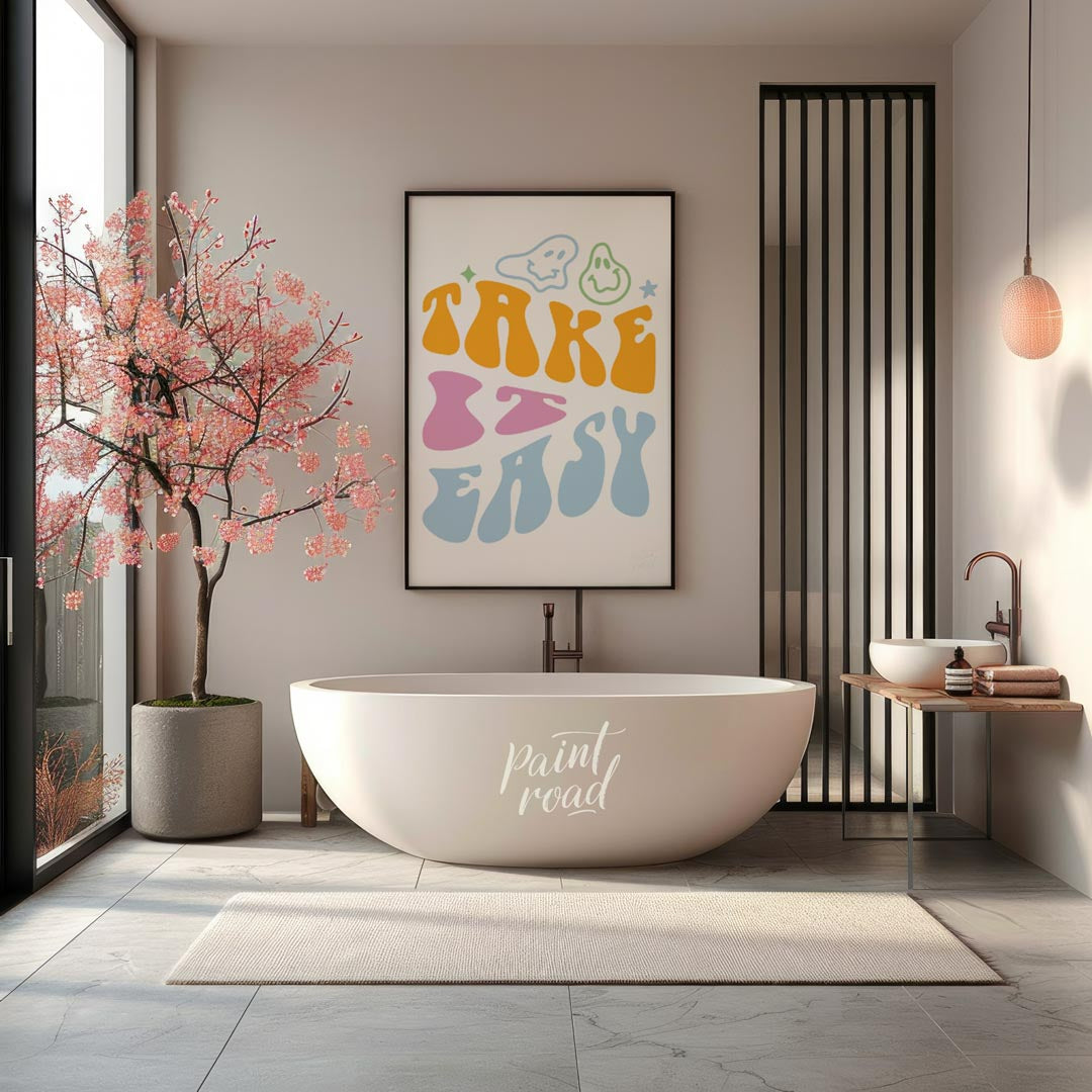 This vibrant and retro-inspired artwork features the phrase “TAKE EASY” in a bold, wavy, and whimsi… for bathroom