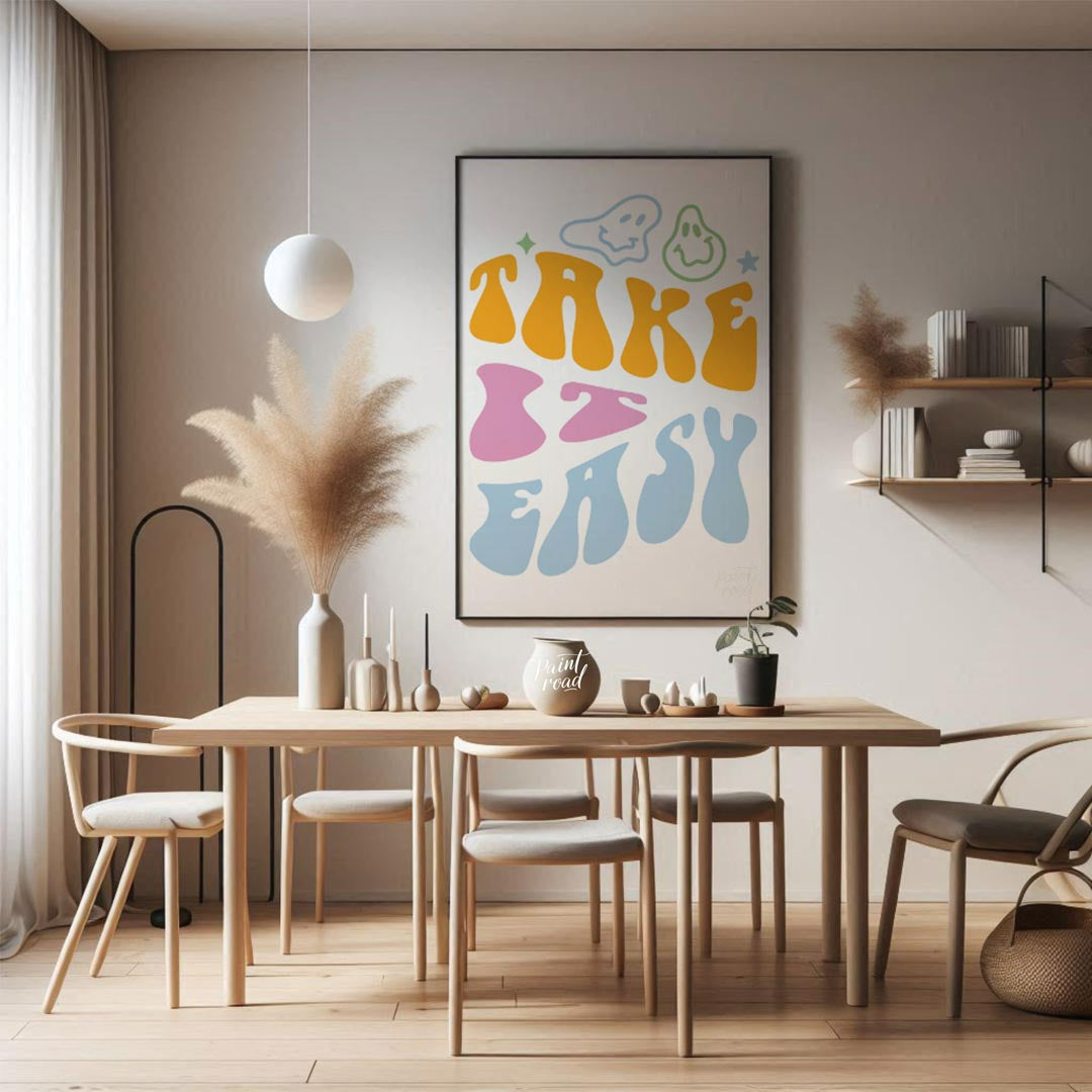 This vibrant and retro-inspired artwork features the phrase “TAKE EASY” in a bold, wavy, and whimsi… for dining room