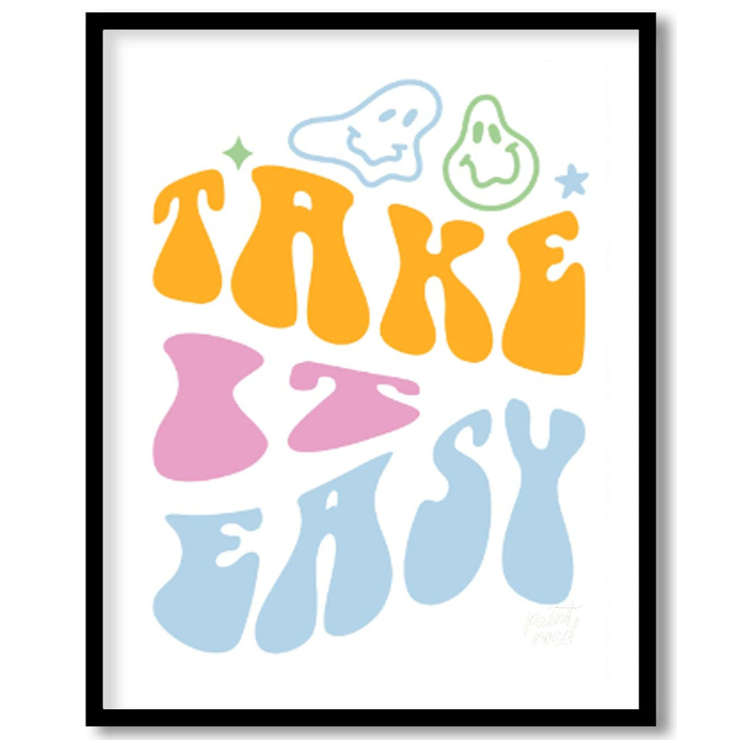 This vibrant and retro-inspired artwork features the phrase “TAKE EASY” in a bold, wavy, and whimsi… for home
