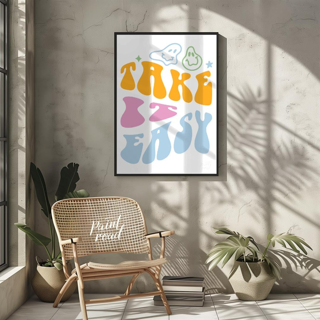 This vibrant and retro-inspired artwork features the phrase “TAKE EASY” in a bold, wavy, and whimsi… for living room