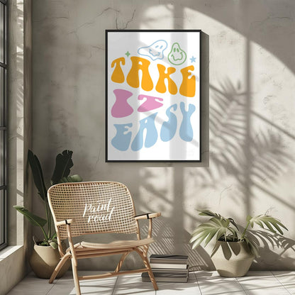 This vibrant and retro-inspired artwork features the phrase “TAKE EASY” in a bold, wavy, and whimsi… for living room