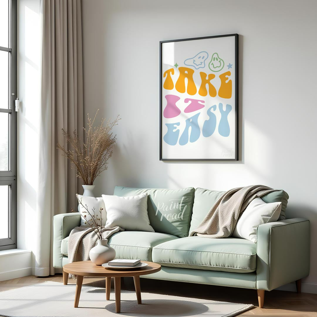 This vibrant and retro-inspired artwork features the phrase “TAKE EASY” in a bold, wavy, and whimsi… for living room