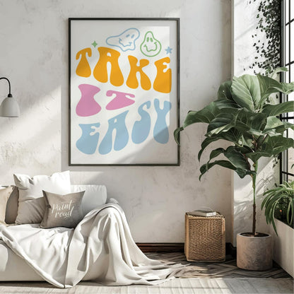 This vibrant and retro-inspired artwork features the phrase “TAKE EASY” in a bold, wavy, and whimsi… for living room