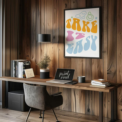 This vibrant and retro-inspired artwork features the phrase “TAKE EASY” in a bold, wavy, and whimsi… for office