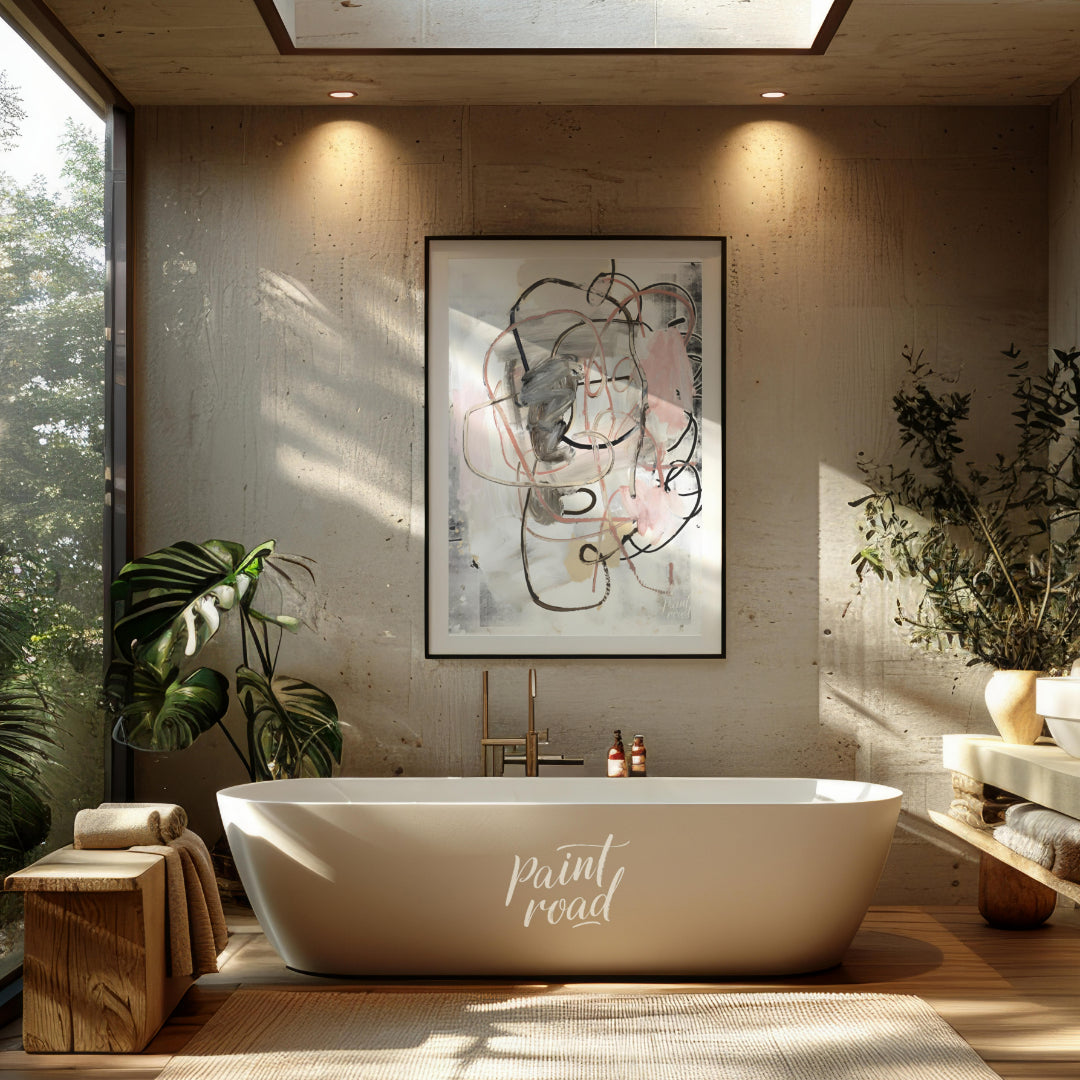 """Tangled Whispers"" presents an abstract composition with a dynamic interplay of gestural lines a… for bathroom