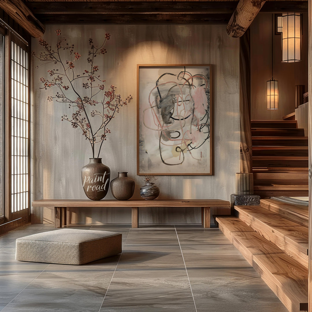 """Tangled Whispers"" presents an abstract composition with a dynamic interplay of gestural lines a… for entryway