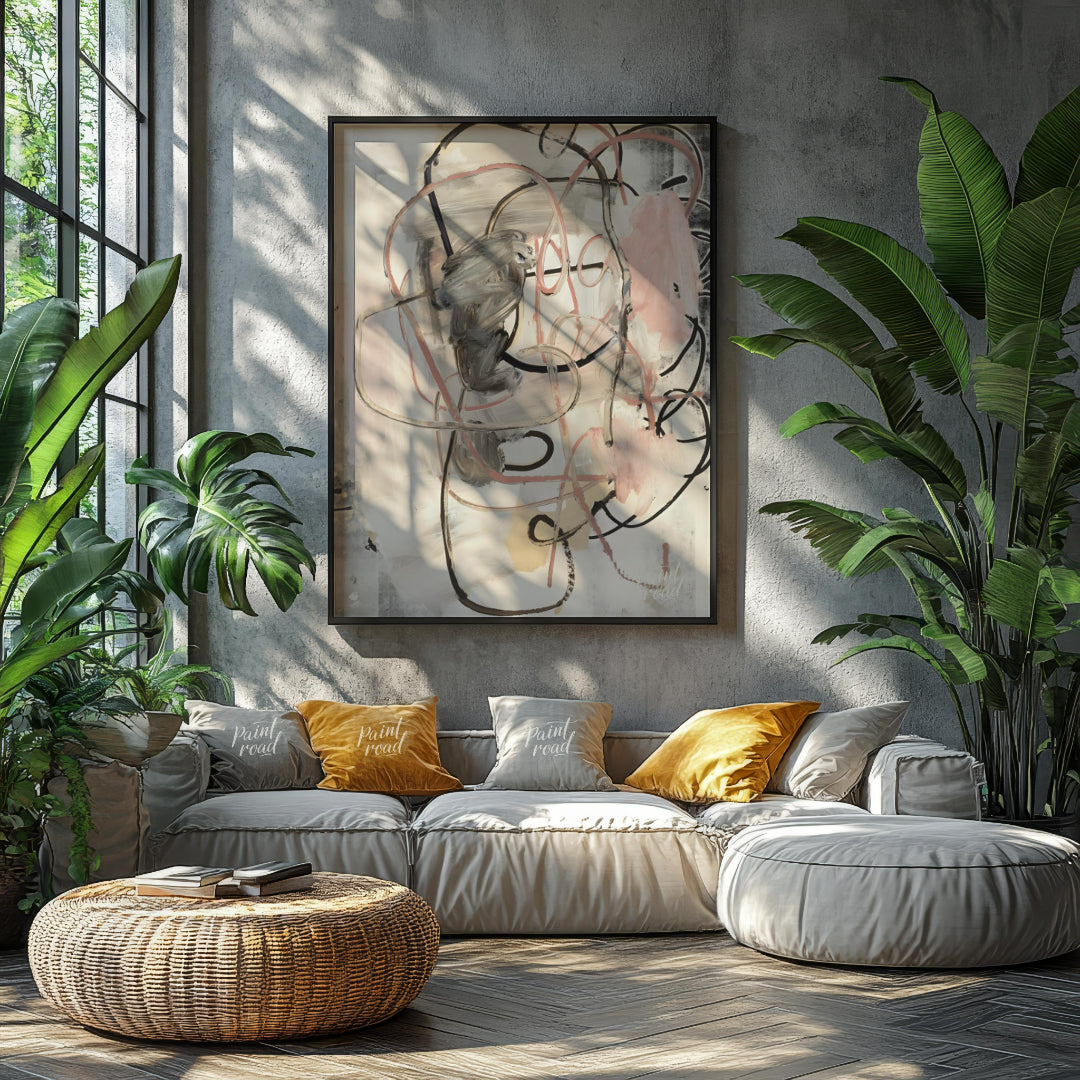 """Tangled Whispers"" presents an abstract composition with a dynamic interplay of gestural lines a… for living room