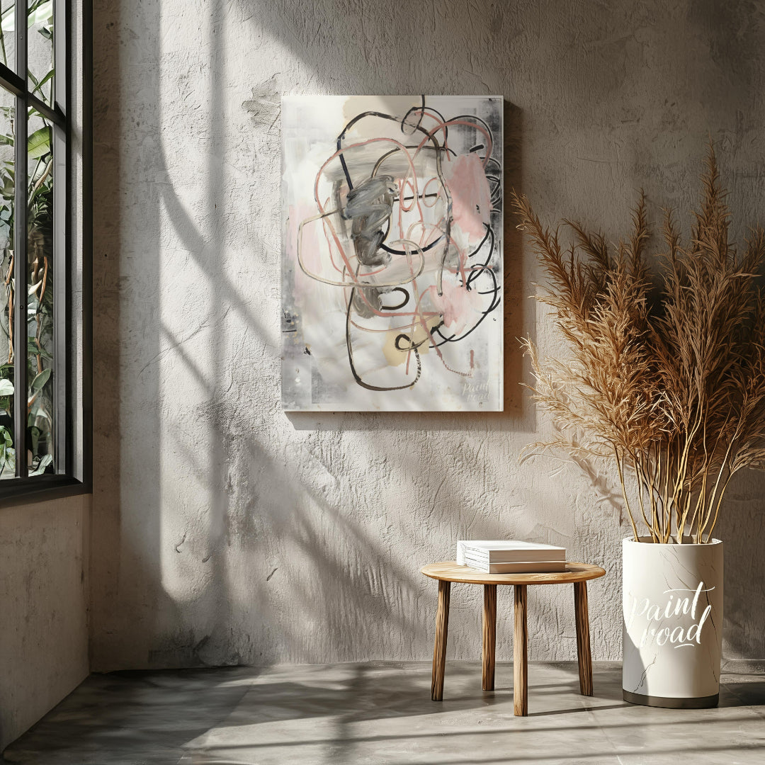 """Tangled Whispers"" presents an abstract composition with a dynamic interplay of gestural lines a… for living room
